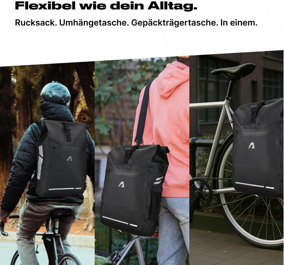 Alpensattel 3-in-1 Fahrradtasche 25 L – Gepäckträgertasche, Rucksack & Umhängetasche – wasserdicht,