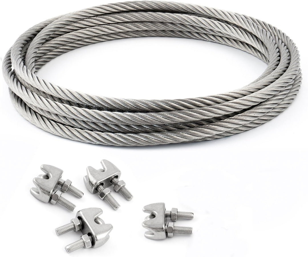 25m DRAHTSEIL EDELSTAHLSEIL SET 4mm 7x19 + 4 Bügel 4mm V4A Stahlseil Inox VA Seil Rostfrei Klemmen