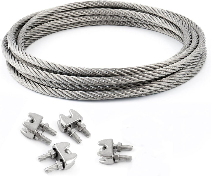 25m DRAHTSEIL EDELSTAHLSEIL SET 4mm 7x19 + 4 Bügel 4mm V4A Stahlseil Inox VA Seil Rostfrei Klemmen