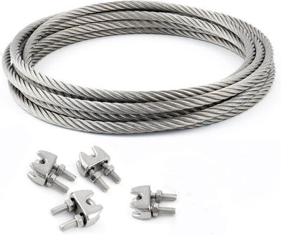 25m DRAHTSEIL EDELSTAHLSEIL SET 4mm 7x19 + 4 Bügel 4mm V4A Stahlseil Inox VA Seil Rostfrei Klemmen