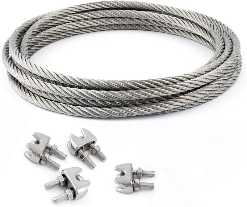 25m DRAHTSEIL EDELSTAHLSEIL SET 4mm 7x19 + 4 Bügel 4mm V4A Stahlseil Inox VA Seil Rostfrei Klemmen