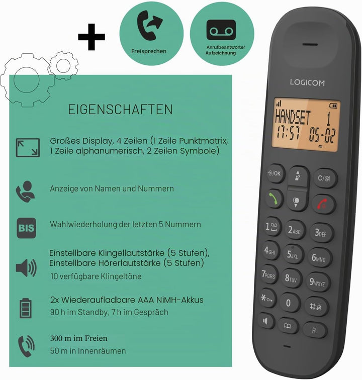 Logicom Iloa 155T Schnurloses Festnetztelefon mit Anrufbeantworter – Solo – analoge und DECT-Telefon