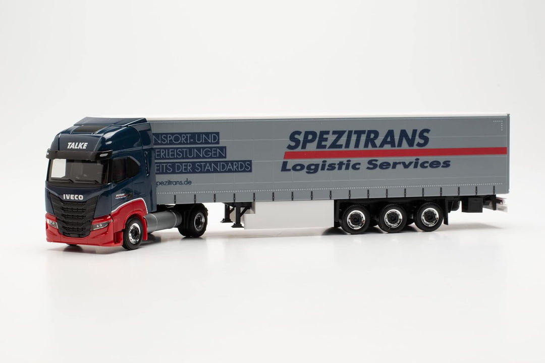 Herpa LKW Modell Iveco S-Way LNG Gardinenplanen-Sattelzug „Spezitrans“, originalgetreu im Massstab 1