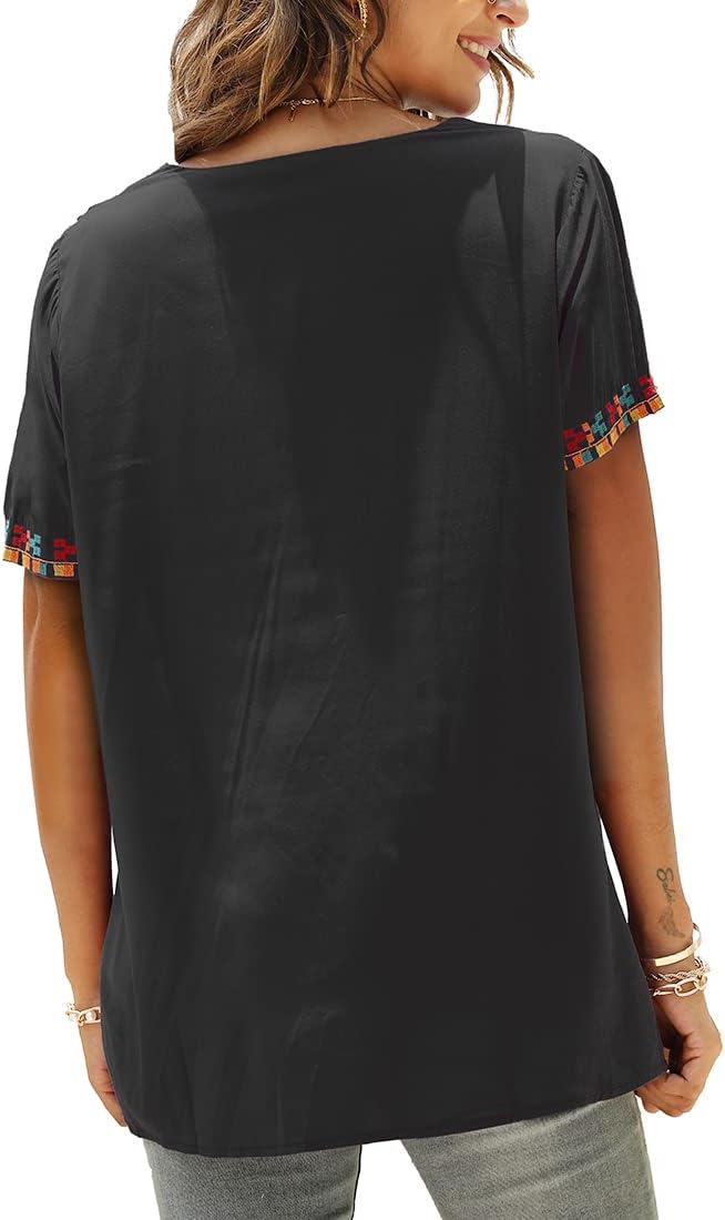 Tunika Damen Sommer Boho Bluse Folklore Stickerei Oberteil Trachten Hippie Kleidung Kurzarm V-Aussch