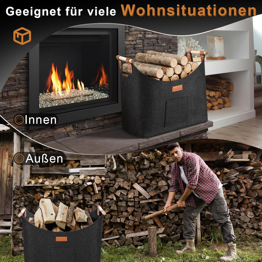 Holzkorb für Kaminholz Gross XXL, Kaminholzkorb mit Doppelt Verstärkten Leder, 100L Brennholzkorb au