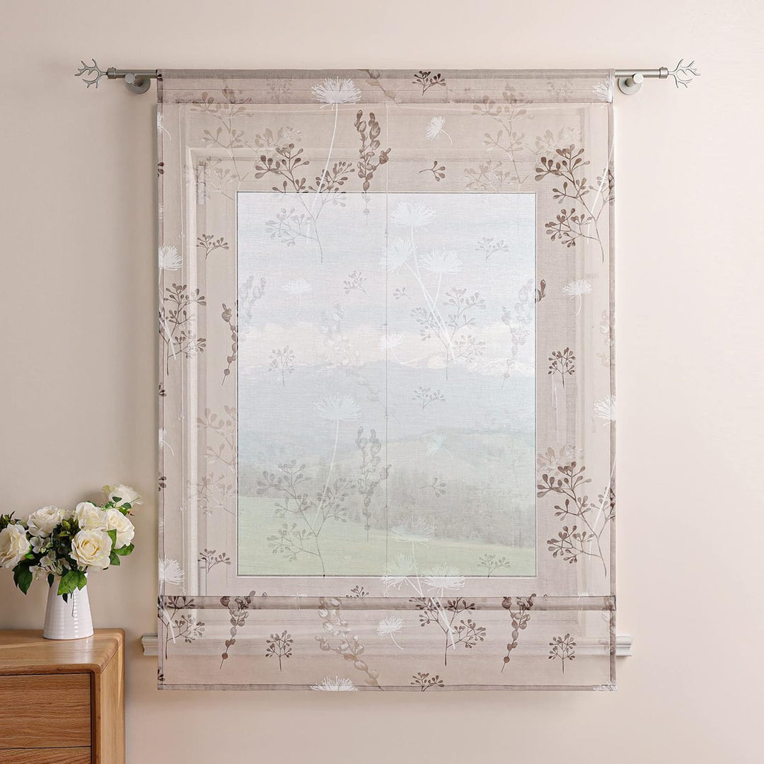 Delien Raffrollo Leinenoptik Transparente Rollos Landhaus Küche Gardine Modern Raffgardine mit Blume