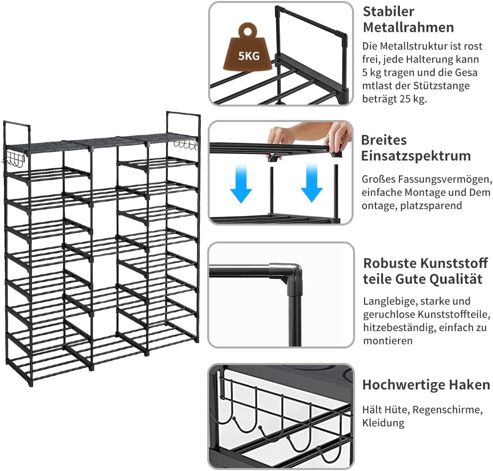 Schuhregal mit 9 Etagen, DIY, aus Metall, 50 – 55 Paar Schuhaufbewahrung, mit Haken für Wohnzimmer,