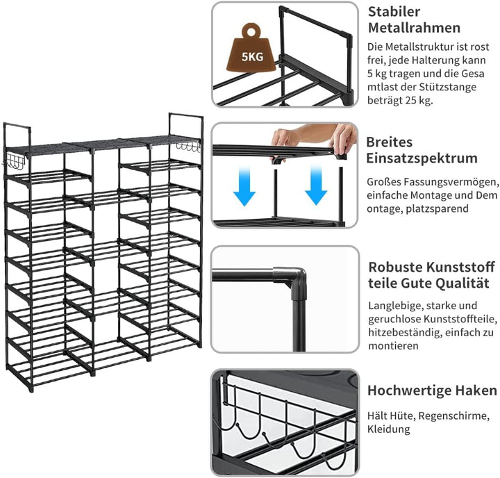Schuhregal mit 9 Etagen, DIY, aus Metall, 50 – 55 Paar Schuhaufbewahrung, mit Haken für Wohnzimmer,