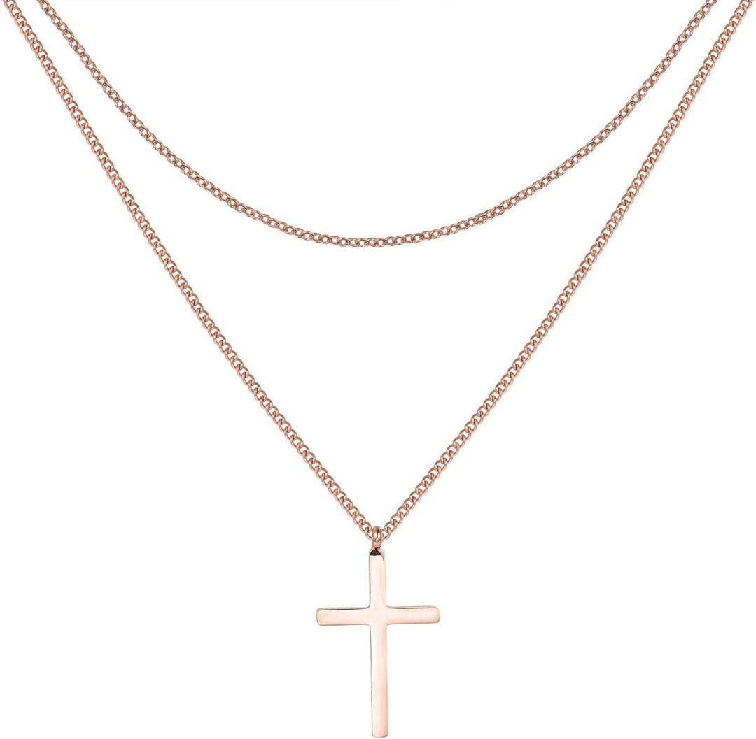 Happiness Boutique Damen Kreuz Kette in Rosegold | Zarte Mehrreihige Kette mit Kreuz Anhänger Edelst