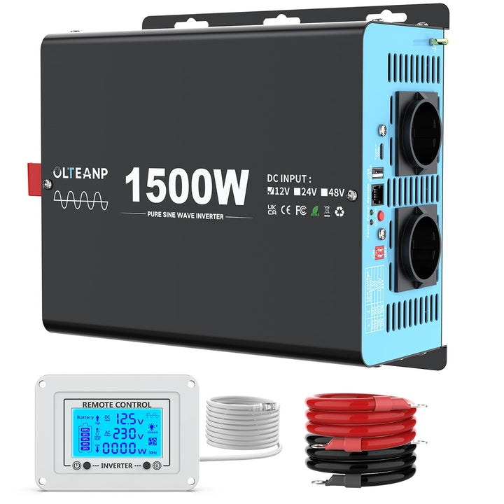 1500W Wechselrichter Reiner Sinus 12V auf 230V KFZ Spannungswandler mit LCD-Bildschirm-Fernbedienung