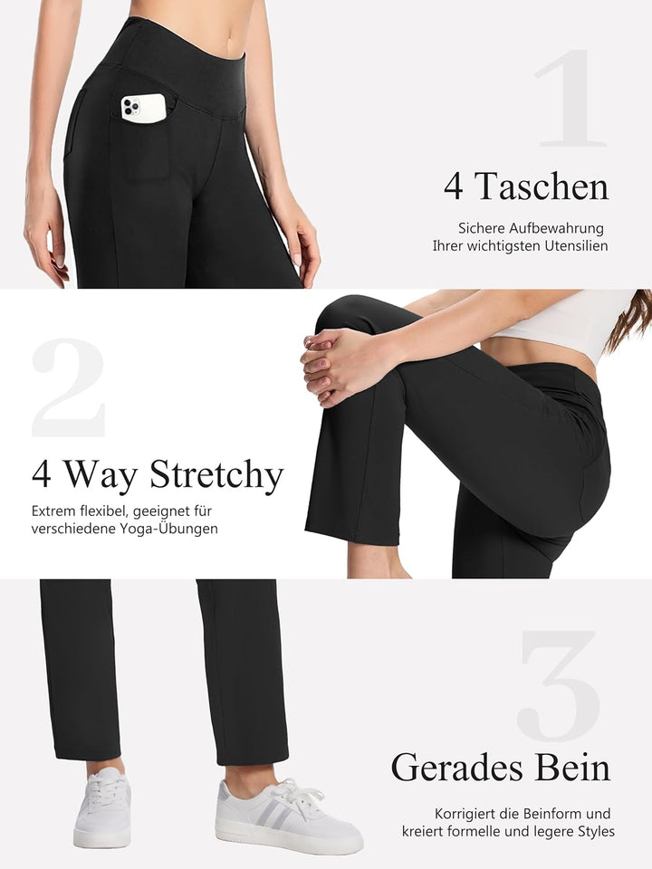 MOVE BEYOND Butterweiche Damen Straight Leg Yoga Hose mit 4 Taschen Bauchfrei Workout Arbeitshose S