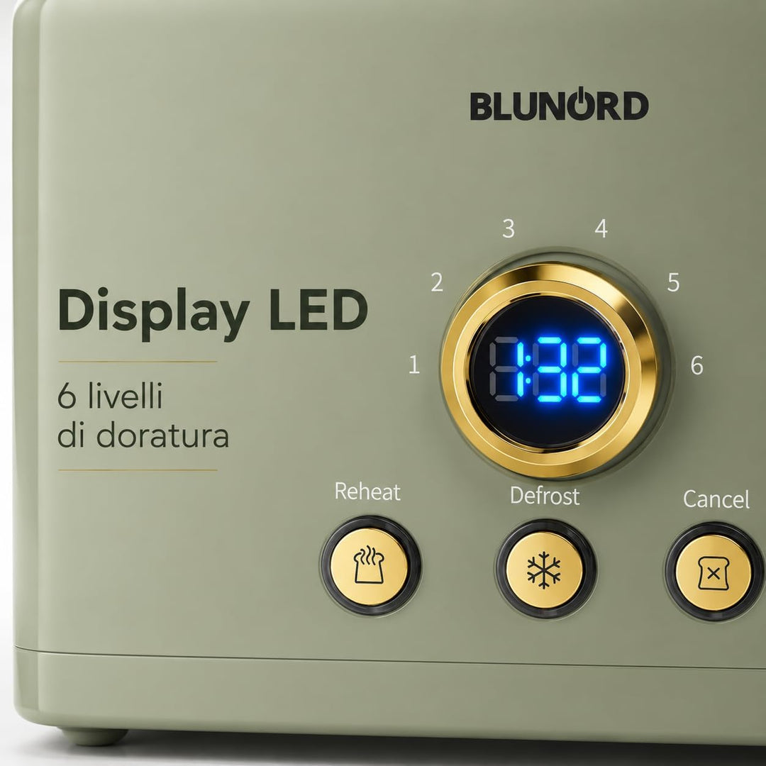 Toaster mit 2 Scheiben, digital, grün, 750 – 850 W, LED-Display, 6 Bräunungsstufen, Auftau- und Aufw