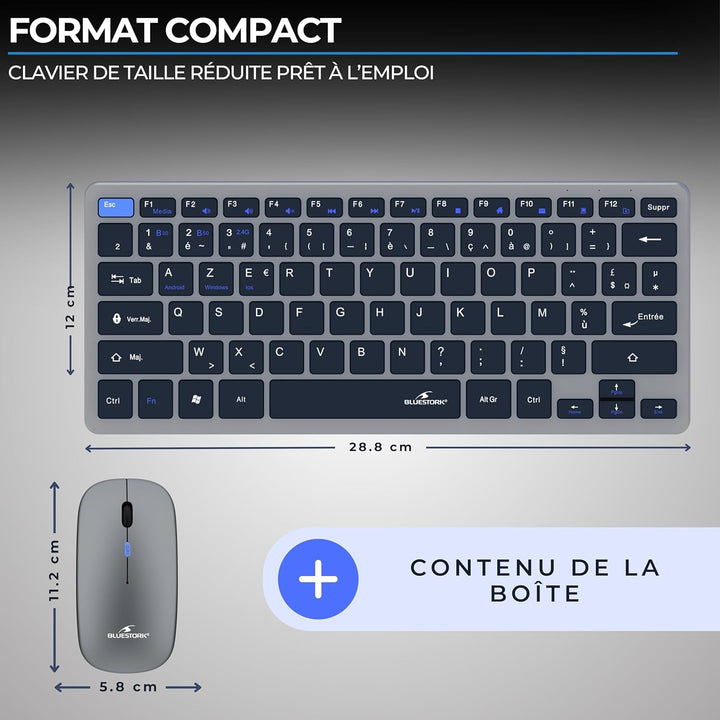 Bluestork - Set Mini V2 kabellose Tastatur Maus wiederaufladbar – kabellose AZERTY-Tastatur, kompakt