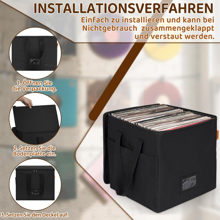 Vinyl-Schallplatten-Aufbewahrungsbox mit Reissverschlüsse, Klappbare Plattenkoffer für LP-Schallplat