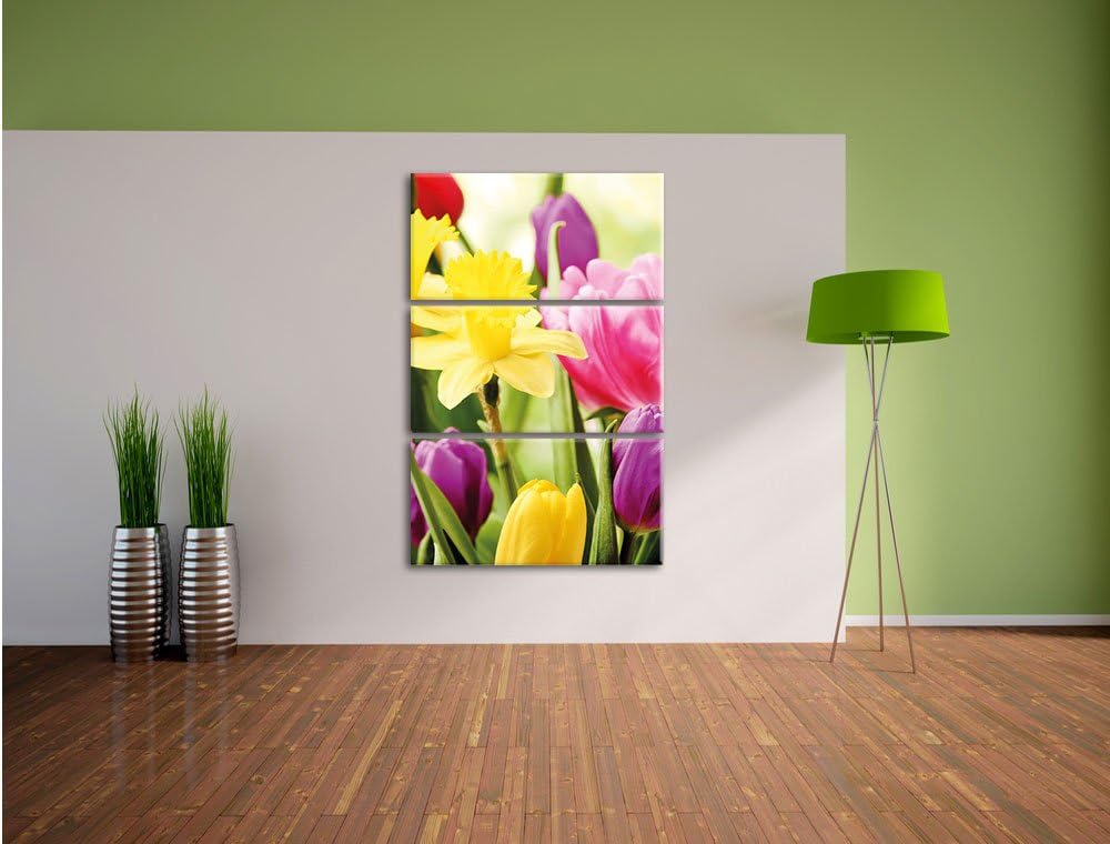 Pixxprint Farbenfrohe Osterglocken und Tulpen 3-Teiler Leinwandbild 120x80 Bild auf Leinwand