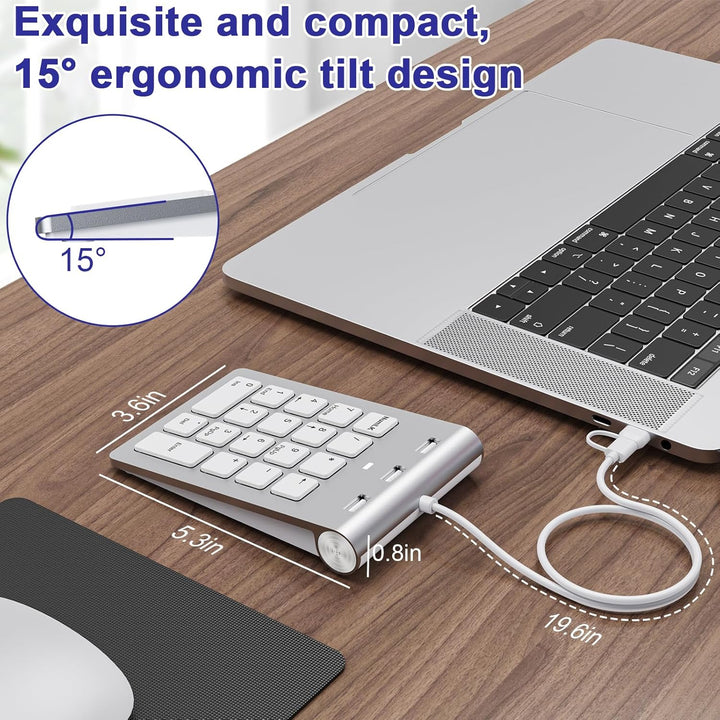 USB C/USB A Numeric Keypad Wired, Ziffernblock Ergonomischer Mini Nummernblock mit 3 USB 2.0 Ports,