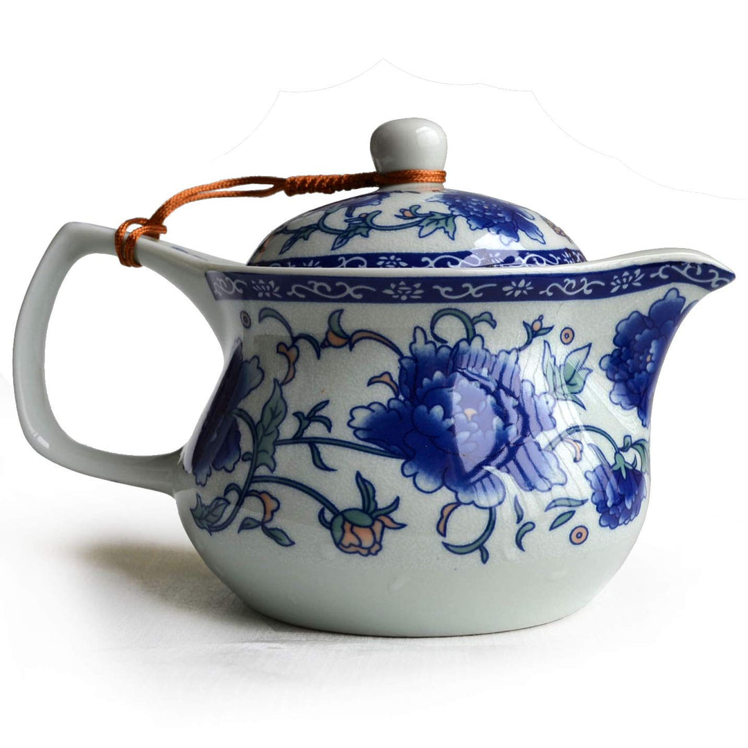 Yxhupot Teekanne 425 ml Blau Weiss Porzellan China Edelstahl Infuser Blume (Cihu Mudan), Weiss