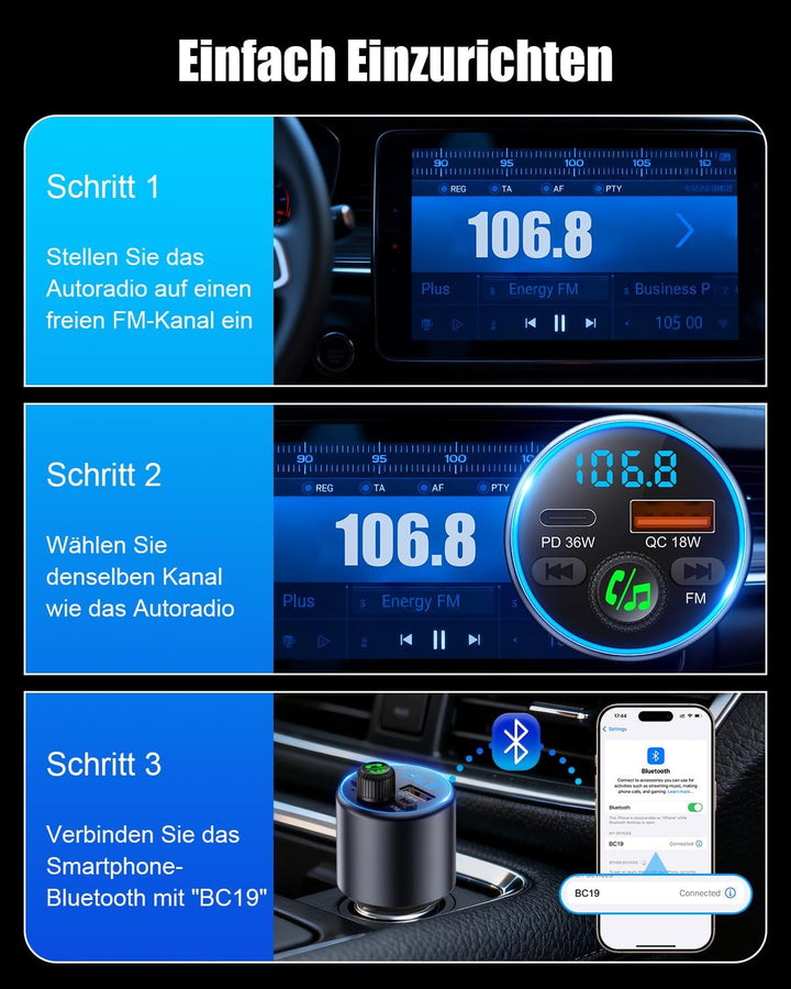 EOIWUY Aufgerüsteter Bluetooth Adapter Auto, [Schnellladung] FM Transmitter Auto Bluetooth 5.3 mit P