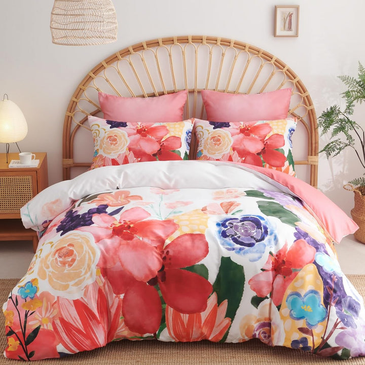Lanqinglv Bettwäsche 155x220 Rot Bunt Blumenmuster Wende Bettwäsche Set Bohemian Boho Stil,Bettbezug