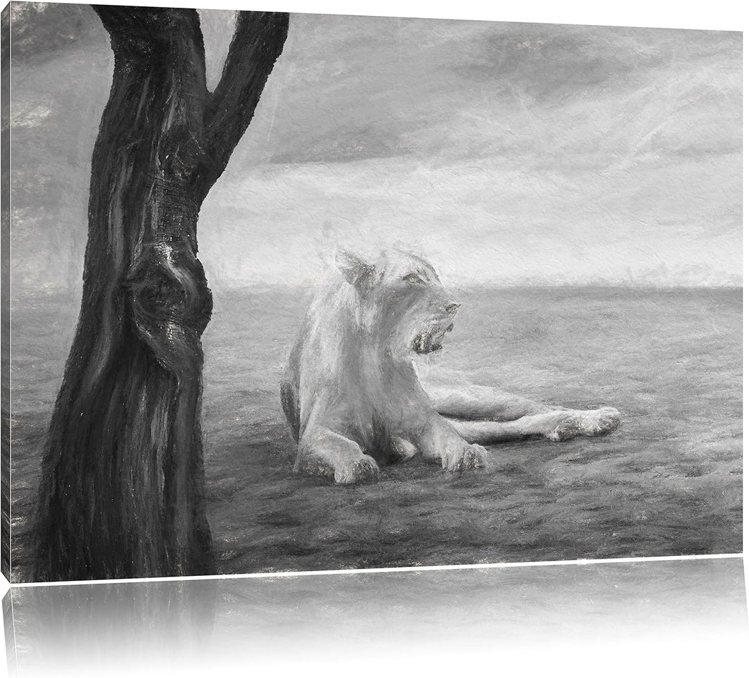Pixxprint Löwin Ruhe Savanne Kunst als Leinwandbild/Grösse: 100x70 cm/Wandbild/Kunstdruck/fertig bes