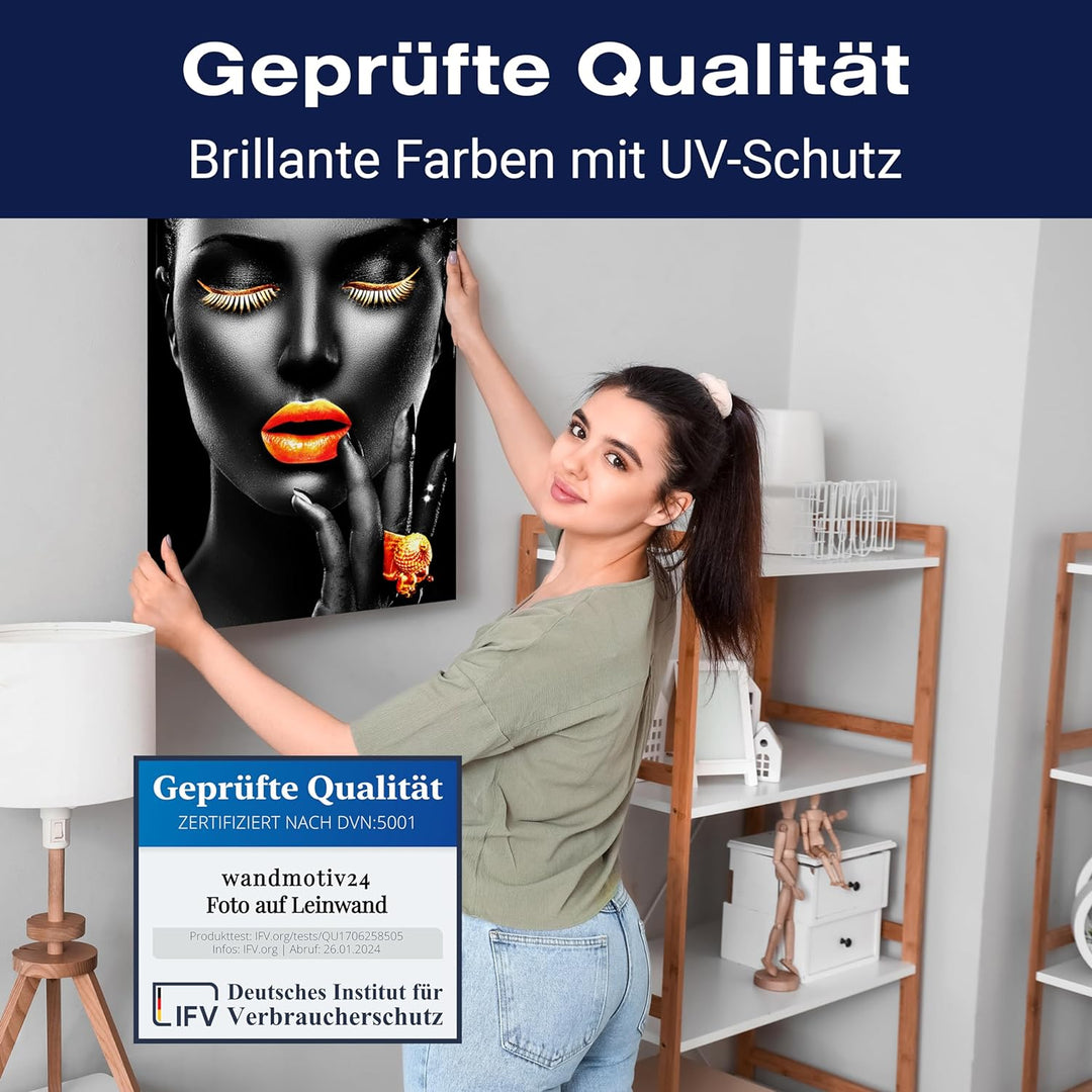 wandmotiv24 Sinnliches Leinwandbild, Grösse 60x45cm, Hochformat, Gesicht Einer Frau, Fotografie, Gol