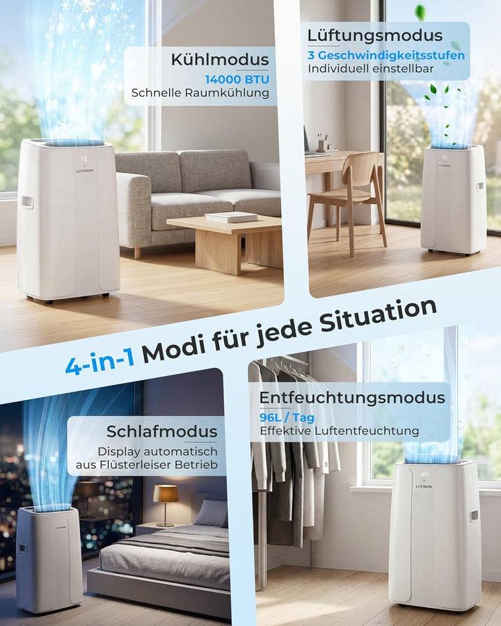 LEENON 14000 BTU Klimaanlage Mobil Klimagerät, 4 in 1 Kühlen Entfeuchten Lüftermodus Schlafmodus, Mo