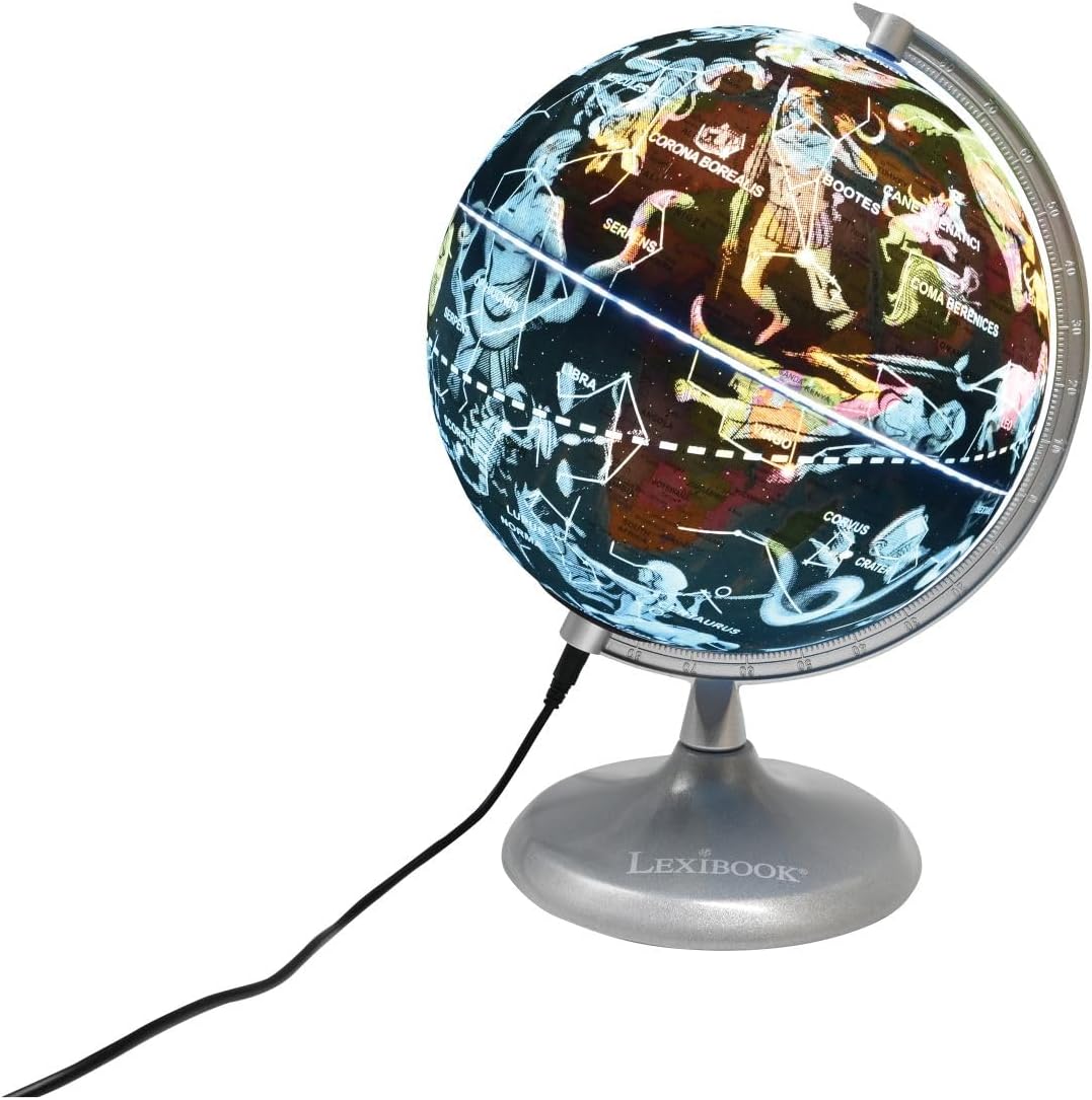 Lexibook NLJ185EN Leuchtendes Planetarium, STEM, 2-in-1 Globus während des Tages, Konstellationskart