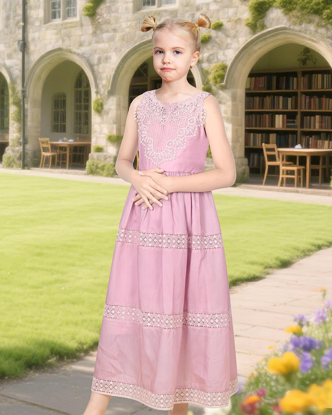 Sunny Fashion Mädchen Kleid Blume Schnüren Saum Hochzeit Erstkommunion Gr. 110-158 122 Lila Spitze,