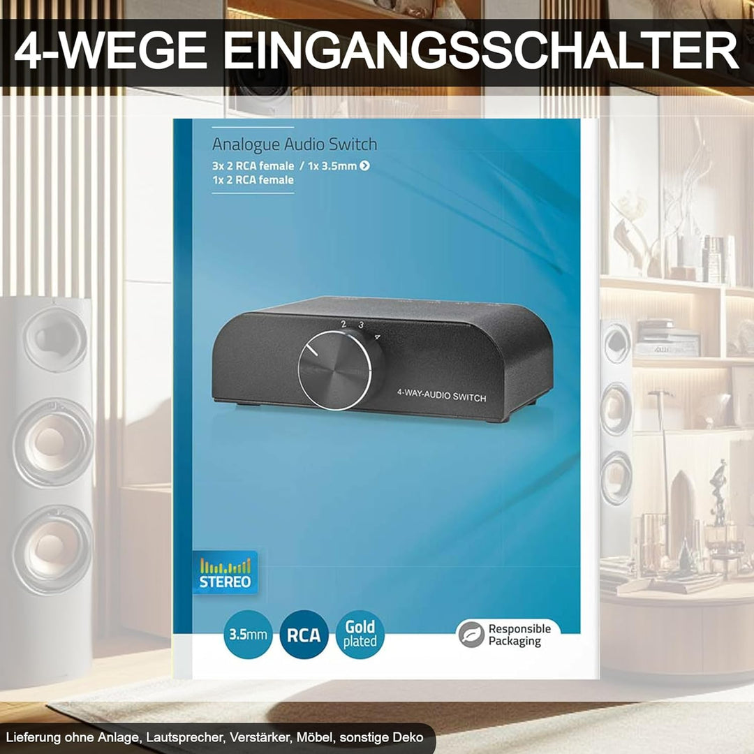 TronicXL Analog Stereo 4fach Eingangs Audio Schalter 1x AUX 3,5mm Klinke + 3X (2X Cinch Buchse) 2X R