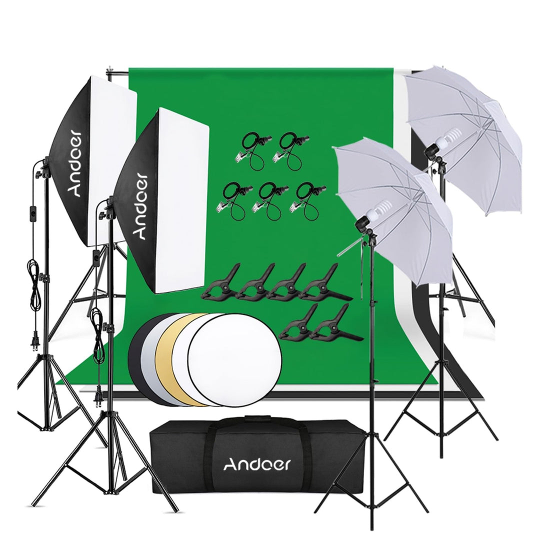 Andoer Fotostudio Set, 1,8m x 2,7m Hintergrund Stützsystem mit Softbox, 45W Fotolampe, Reflektor, We