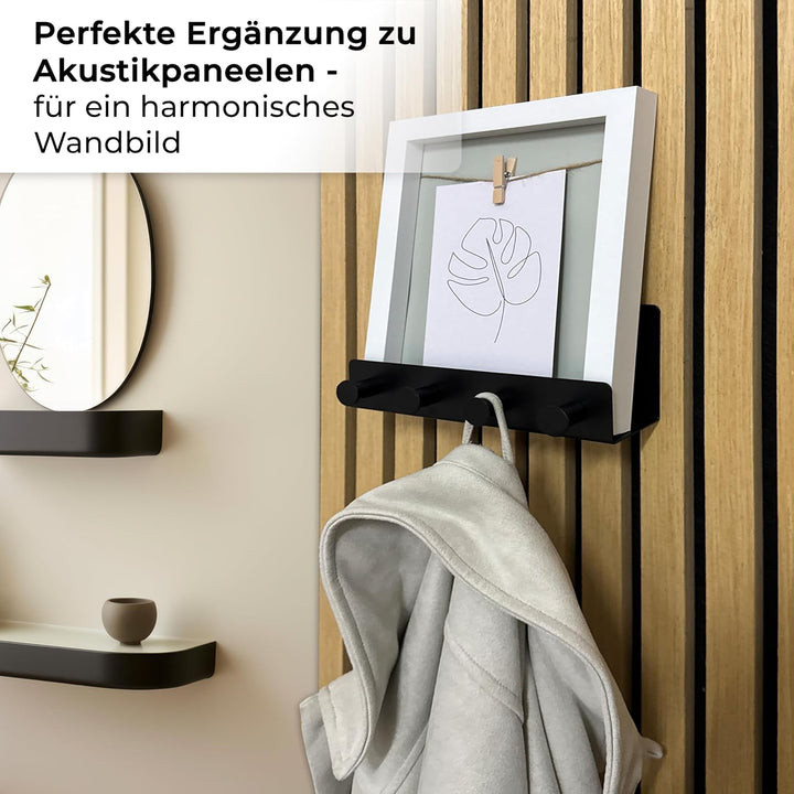 Wandregal mit Hakenleiste Einhängeregal für uficell Akustikpaneele 20 cm lang – schwarzes Metallrega