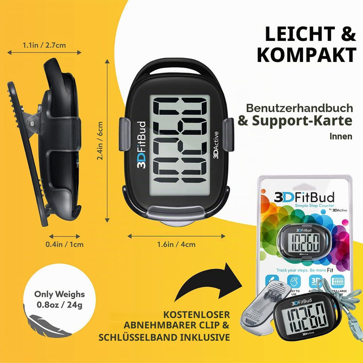 3DFitBud Einfacher Schrittzähler 3D von 3DActive mit Clip Lanyard Präziser Schrittzähler Grosses Dis
