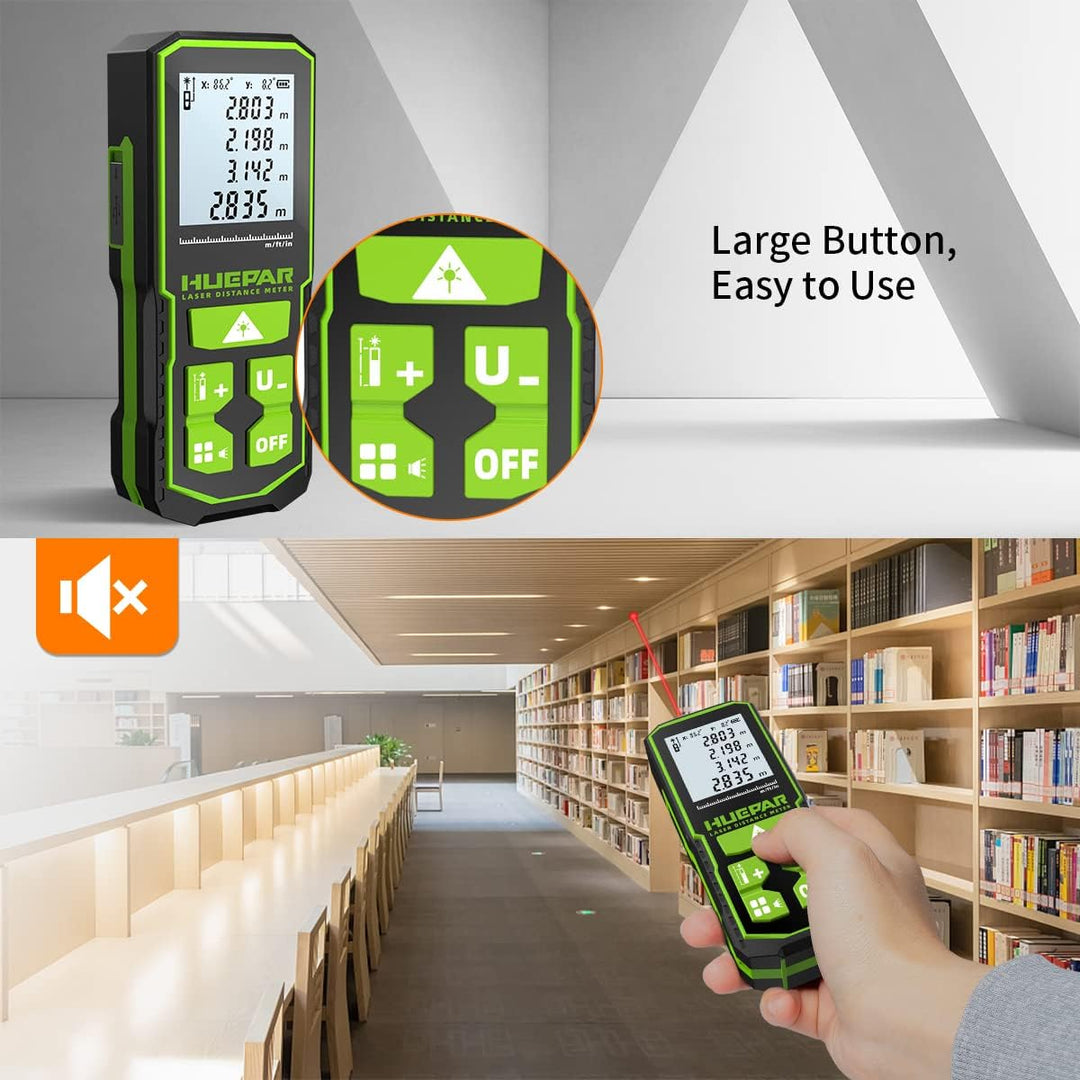 Huepar Laserdistometer 328Ft(100M) mit wiederaufladbaren Akku und Doppelwinkel–Display, Lasermessung