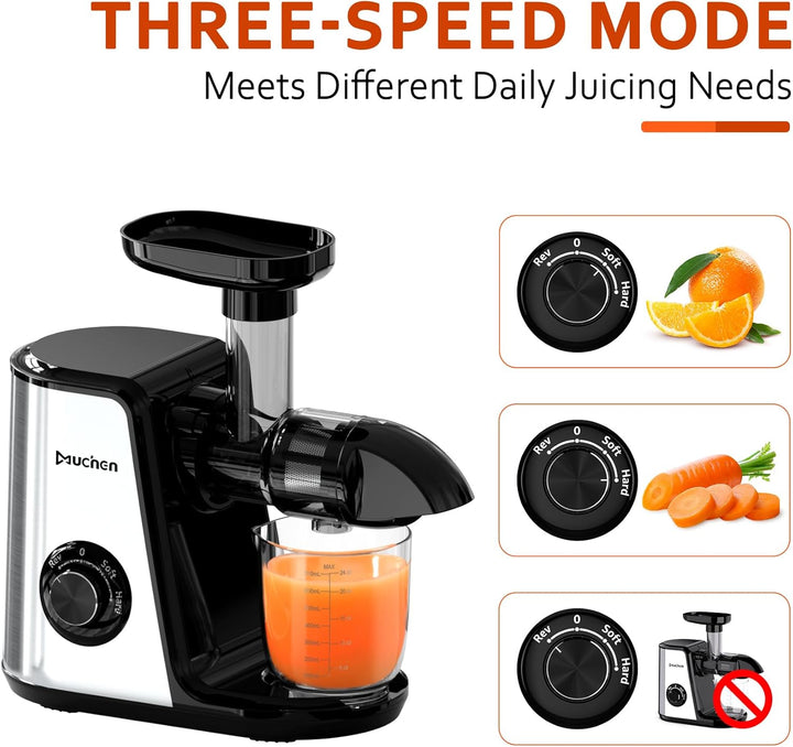 Muchen Slow Juicer Entsafter Gemüse und Obst Testsieger 150W Leiser Motor, Rückwärtszerkleinerung, E