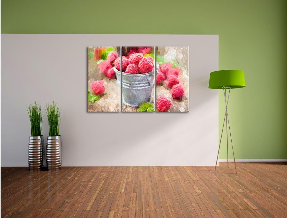 Pixxprint Himbeeren im Blecheimer als Leinwandbild/Grösse: 3 Teilig (120x80 cm) cm/Wandbild/Kunstdru