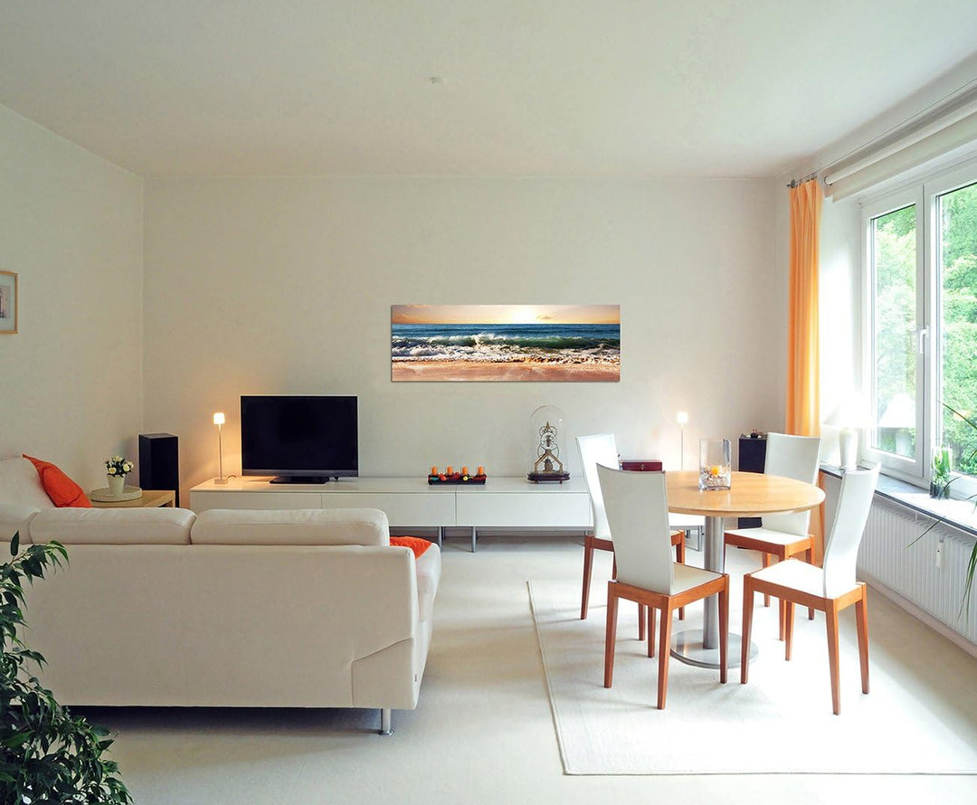 Paul Sinus Art Panoramabild auf Leinwand und Keilrahmen 150x50cm Meer Strand Wolken Sonnenuntergang
