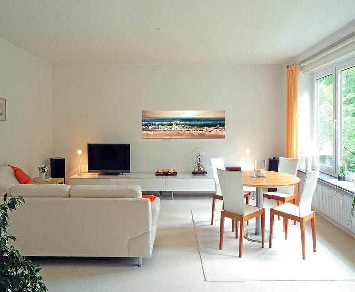 Paul Sinus Art Panoramabild auf Leinwand und Keilrahmen 150x50cm Meer Strand Wolken Sonnenuntergang