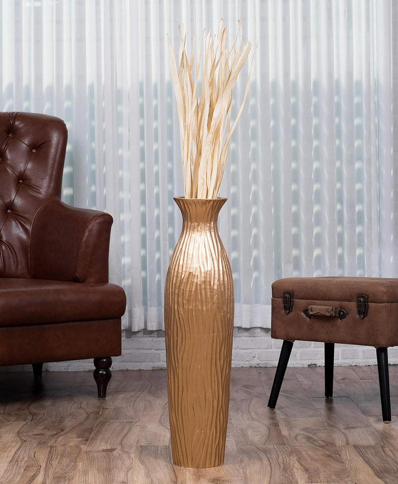 Leewadee Grosse Bodenvase für Dekozweige hohe Standvase Design Holzvase, Holz, 70 cm, golden 70 cm G