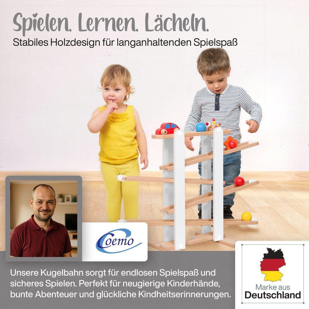 Stabile Kugelbahn L aus Holz Grau, 7 niedliche Mobile wie Auto, Blume, Kasper, Kugel, grosse Murmelb