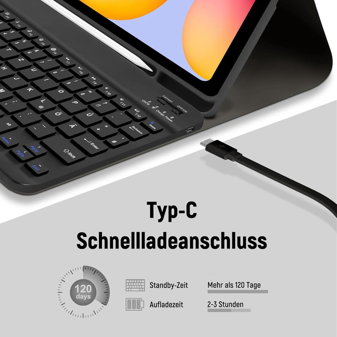 Hülle mit Tastatur für Samsung Galaxy Tab S6 Lite 2024/2022/2020, Schutzhülle mit Pencil Halter Wire