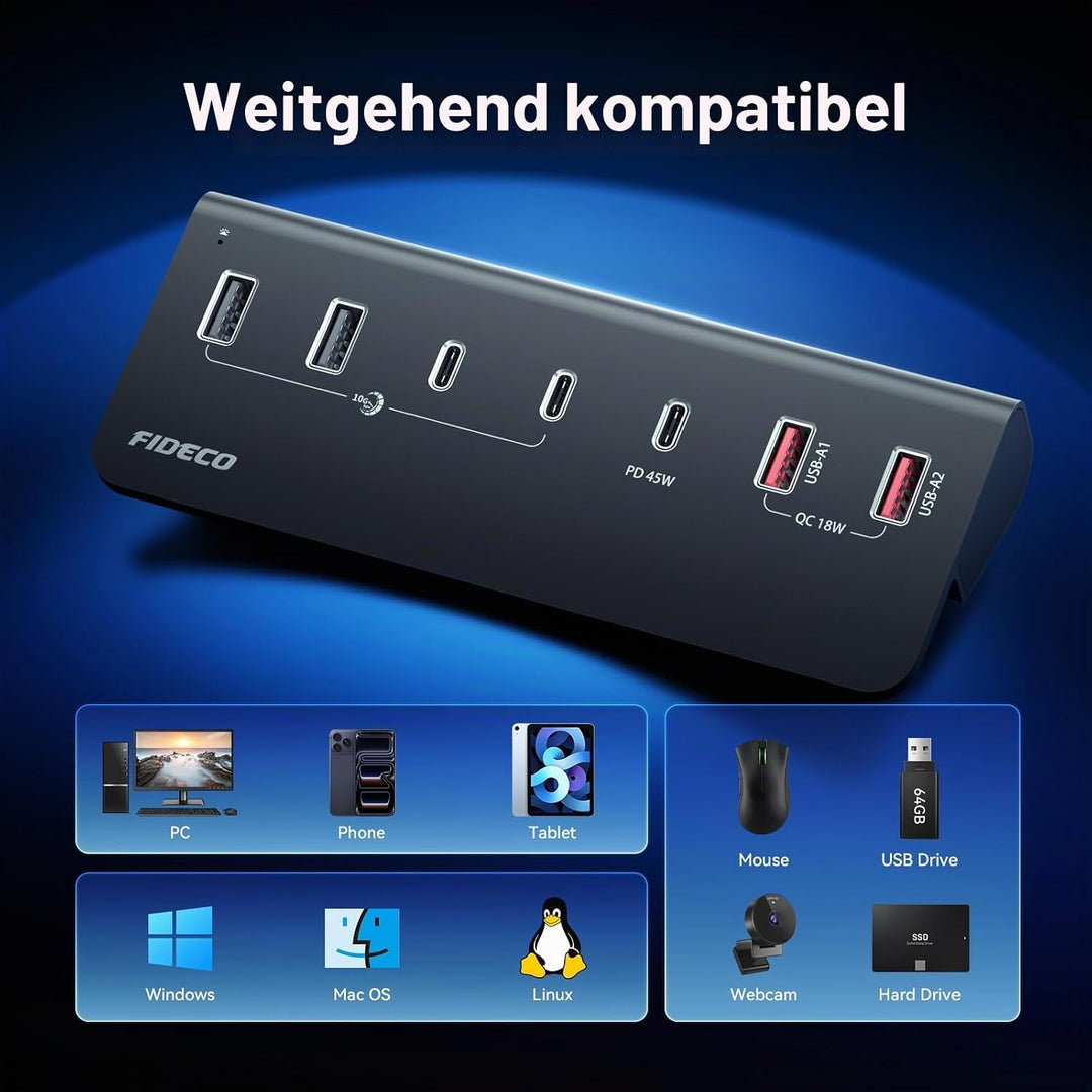 FIDECO 7-Ports 72W USB Hub mit Netzteil, USB Hub Aktiv mit 1 PD 45W, 2 QC 3.0 Charging Port und 4 US