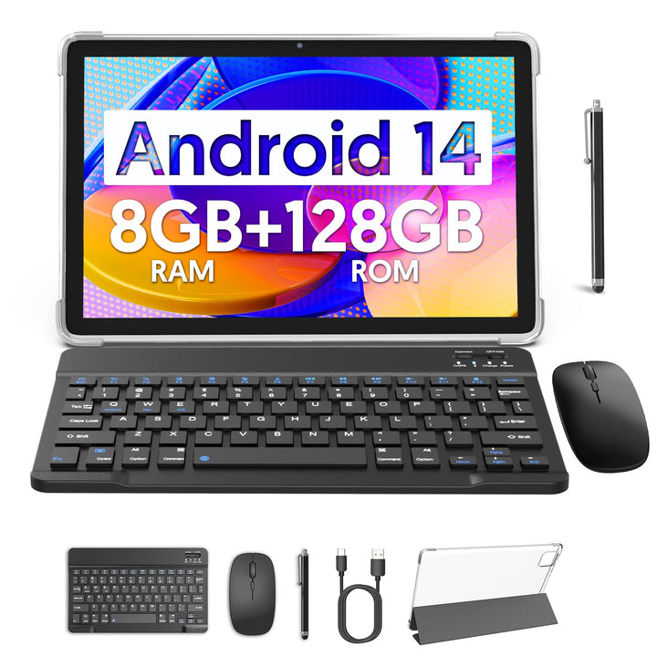 BAKEN Android 14 Tablet mit Tastatur, 10.1-inch, 128GB ROM+ 8GB RAM, 8000mAh Battery, Octa-Core, 2MP