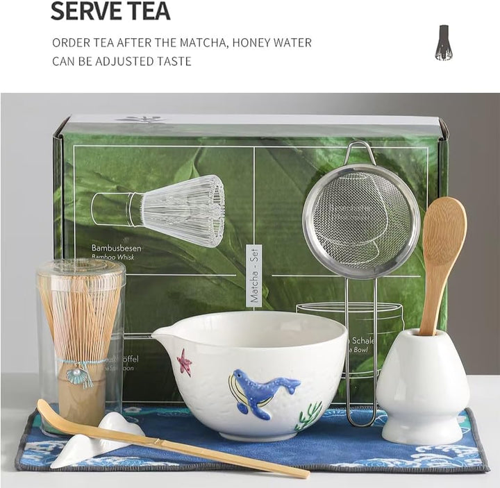 Japanisches Matcha-Tee-Set, 7-teilig, Keramik-Matchaschale mit Wal-Motiv, Bambus-Besen, Whisk-Halter