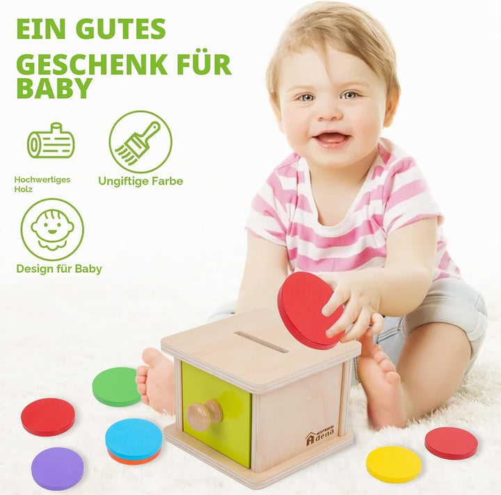 Adena Montessori Spielzeug ab 1 Jahr, Gelb-Grüner Tür Coin Box, Montessori Object Permanence Box Spi