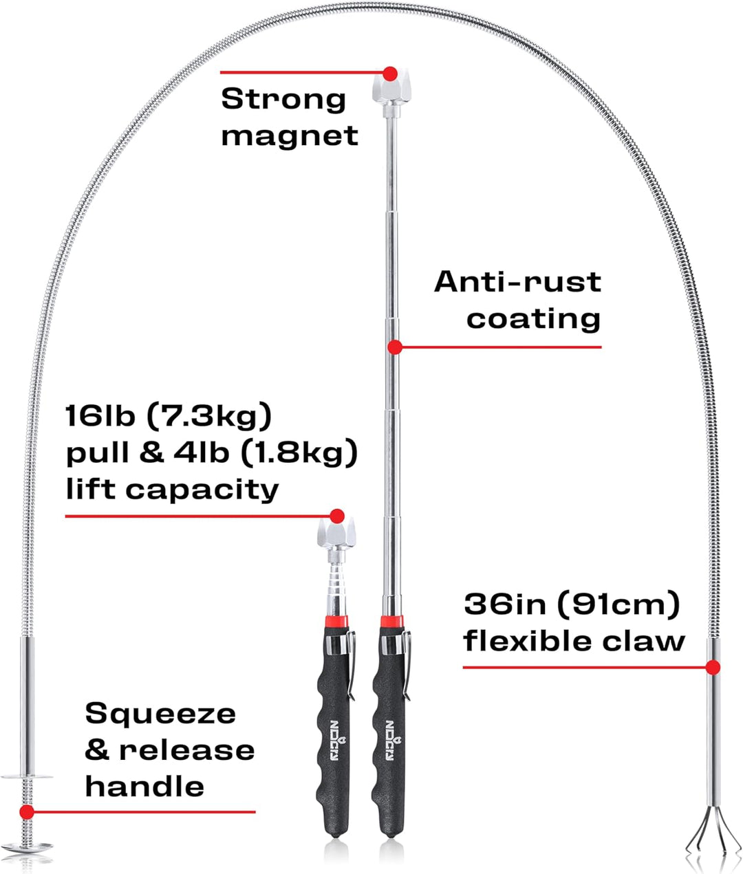 NoCry Magnetheber Set - inklusive flexiblem Krallengreifer und teleskopischem Magnetstab Set A - Aus