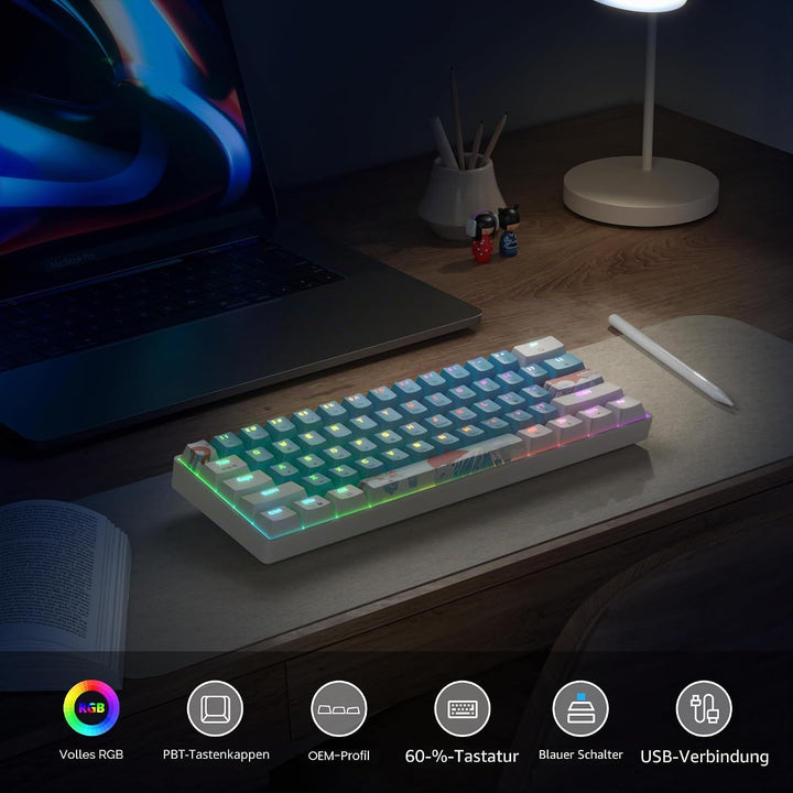Gaming Tastatur 60 Prozent, Wired RGB Mechanische Tastatur America QWERTY, Mini 61 Tasten USB Tastat