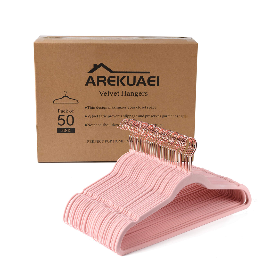 Arekuaei Rosafarbene Samt-Kleiderbügel, strapazierfähig, rutschfest, platzsparende Kleiderbügel, Kup