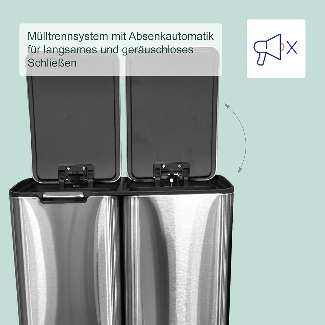 Relaxdays Mülleimer, 3 Fächer, 60 L, entnehmbare Inneneimer, Soft Close, Fusspedal, Edelstahl, Müllt