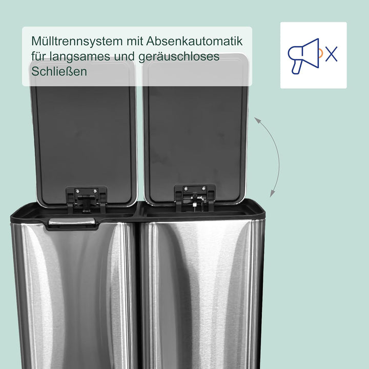 Relaxdays Mülleimer, 3 Fächer, 60 L, entnehmbare Inneneimer, Soft Close, Fusspedal, Edelstahl, Müllt