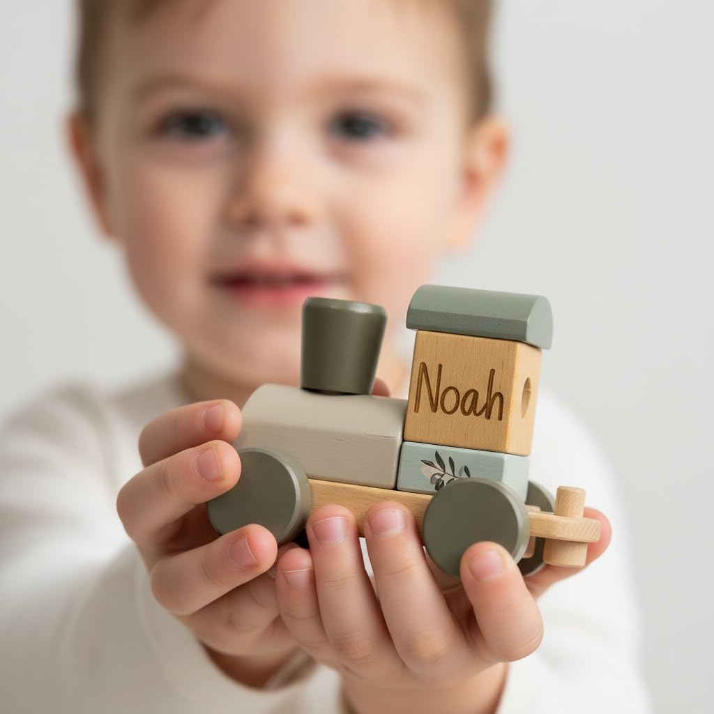 Personalisierter Holz Zug mit Gravur – Geschenk zur Geburt & Taufe – Babyspielzeug & Kinderzimmer De